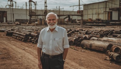 solo,smile,open mouth,shirt,1boy,standing,closed eyes,white shirt,white hair,male focus,outdoors,sky,teeth,day,collared shirt,belt,pants,blurry,dress shirt,facial hair,black pants,ground vehicle,facing viewer,motor vehicle,beard,pocket,black belt,hand in pocket,realistic,mustache,shirt tucked in,breast pocket,old,dirty,old man,photo background,grey sky,wrinkled skin,barbed wire,looking at viewer,grin,depth of field,blurry background,sleeves rolled up,watch,hands in pockets,wristwatch