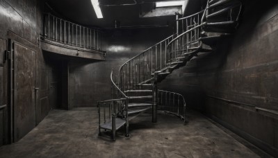 monochrome,indoors,no humans,window,shadow,chair,sunlight,scenery,light rays,stairs,door,railing,light,bench,greyscale,ceiling,hallway,ceiling light,industrial pipe