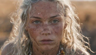 1girl,solo,long hair,looking at viewer,blue eyes,blonde hair,jewelry,closed mouth,white hair,parted lips,necklace,blurry,lips,wet,grey eyes,eyelashes,depth of field,blurry background,wavy hair,portrait,close-up,freckles,curly hair,realistic,wet hair,straight-on,dirty,mole on cheek,green eyes,blood,blood on face,nose