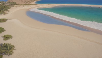 outdoors,sky,day,water,tree,blue sky,no humans,shadow,ocean,watermark,beach,grass,plant,nature,scenery,sand,palm tree,horizon,shore,desert,waves