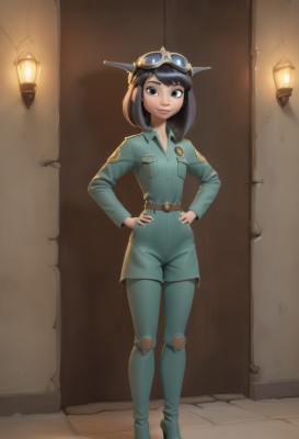 1girl,solo,breasts,looking at viewer,smile,short hair,bangs,black hair,long sleeves,brown eyes,closed mouth,standing,full body,boots,belt,artist name,signature,medium hair,black eyes,high heels,lips,bodysuit,headgear,goggles,pocket,goggles on head,hands on hips,knee pads,jumpsuit,alley,uniform,military,military uniform,watermark,web address,lamp