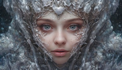 1girl,solo,looking at viewer,blue eyes,parted lips,artist name,blurry,lips,grey eyes,eyelashes,portrait,snow,close-up,ice,crystal,snowing,realistic,red lips,straight-on,black hair,green eyes,water,expressionless,helmet,light particles,freckles,nose