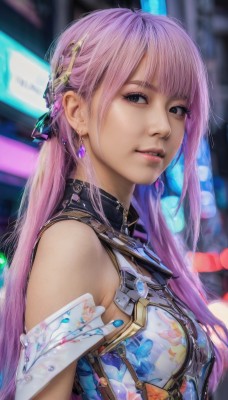 1girl,solo,long hair,breasts,looking at viewer,smile,bangs,hair ornament,bare shoulders,jewelry,upper body,pink hair,earrings,parted lips,sleeveless,blurry,black eyes,lips,makeup,blurry background,gem,realistic,nose,blue eyes,teeth,nail polish,armor,from side,ring,blue nails,science fiction,neon lights