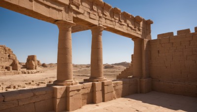 outdoors,sky,day,blue sky,no humans,scenery,sand,ruins,pillar,desert,arch,column,shadow,rock,wall