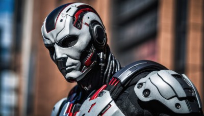 solo,1boy,upper body,male focus,armor,blurry,blurry background,helmet,building,portrait,science fiction,realistic,cyborg,power armor,cyberpunk,closed mouth,mask,facing viewer,android,superhero