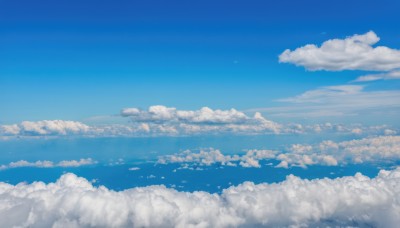 monochrome,outdoors,sky,day,cloud,blue sky,no humans,bird,ocean,cloudy sky,scenery,blue theme,horizon,landscape,above clouds