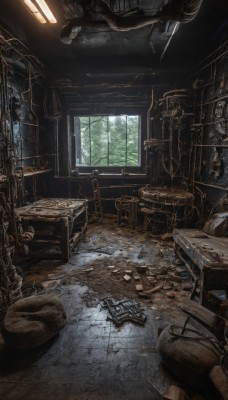 weapon,day,indoors,gun,no humans,window,chair,table,sunlight,scenery,desk,ruins,broken,broken glass,broken window,book,wooden floor,tiles,lamp,tile floor,stool,ceiling,wooden chair