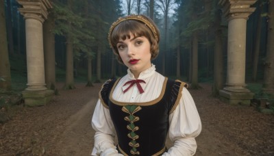 1girl,solo,looking at viewer,short hair,brown hair,shirt,long sleeves,ribbon,brown eyes,white shirt,upper body,outdoors,parted lips,day,puffy sleeves,red ribbon,tree,lips,neck ribbon,makeup,lipstick,juliet sleeves,nature,corset,forest,red lips,pillar,column,hat,dress,scenery,realistic