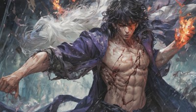 long hair,black hair,1boy,navel,closed mouth,nipples,collarbone,white hair,male focus,japanese clothes,multiple boys,open clothes,2boys,torn clothes,blood,muscular,glowing,scar,abs,fire,pectorals,rain,injury,blood on face,manly,bare pectorals,flame,blood on hands,bleeding,burning,looking at viewer,red eyes,weapon,solo focus,sword,facial hair,battle,pyrokinesis