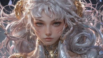 1girl,solo,long hair,looking at viewer,bangs,hair ornament,brown eyes,closed mouth,white hair,horns,solo focus,pointy ears,artist name,armor,lips,grey eyes,eyelashes,floating hair,portrait,close-up,freckles,realistic,yellow eyes,blurry,expressionless,wind,nose,straight-on