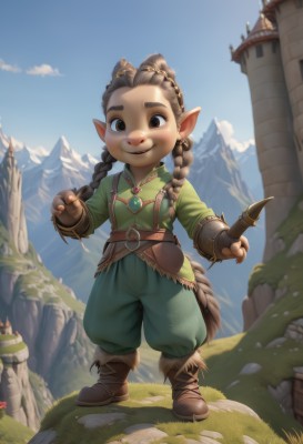 1girl,solo,long hair,looking at viewer,smile,brown hair,shirt,gloves,brown eyes,jewelry,standing,tail,full body,weapon,braid,boots,outdoors,sky,day,pointy ears,belt,pants,cloud,fingerless gloves,twin braids,blue sky,brown footwear,thick eyebrows,grass,knife,child,furry,mountain,fantasy,female child,green pants,long sleeves,holding,closed mouth,flower,earrings,artist name,necklace,hair over shoulder,brown gloves,green shirt,overalls,castle