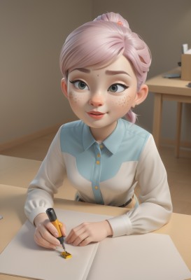 1girl,solo,breasts,looking at viewer,smile,shirt,hair ornament,long sleeves,holding,jewelry,sitting,white shirt,upper body,ponytail,pink hair,earrings,parted lips,collared shirt,belt,artist name,indoors,hair bun,black eyes,lips,grey eyes,makeup,buttons,swept bangs,table,single hair bun,desk,freckles,paper,pen,stud earrings,pencil,drawing,mechanical pencil,short hair,green eyes,aged down,child