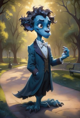 solo,smile,black hair,1boy,bow,standing,full body,male focus,outdoors,pointy ears,artist name,bowtie,tree,colored skin,watermark,formal,suit,web address,furry,hand in pocket,blue skin,bench,furry male,traditional bowtie,park,short hair,shirt,long sleeves,brown eyes,blue hair,vest,coat,bird,thick eyebrows,grass,white bow,claws,freckles,lamppost,white bowtie,blue coat,tuxedo,park bench,blue fur