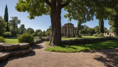 outdoors,sky,day,tree,blue sky,no humans,shadow,grass,building,nature,scenery,forest,rock,road,bush,path,cloud,water,plant,shade,ruins,river