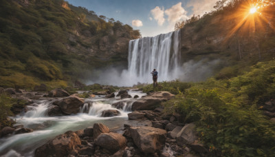 1girl, solo, outdoors, sky, day, cloud, water, tree, nature, scenery, rock, mountain, sun, waterfall, landscape, cliff