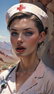 1girl,solo,looking at viewer,short hair,open mouth,blue eyes,brown hair,shirt,black hair,hat,jewelry,collarbone,white shirt,upper body,earrings,outdoors,sky,teeth,day,collared shirt,blue sky,lips,makeup,upper teeth only,lipstick,portrait,freckles,mountain,realistic,nose,nurse cap,red lips,nurse,id card,lanyard,stethoscope,blush,parted lips,cloud,eyelashes,cross