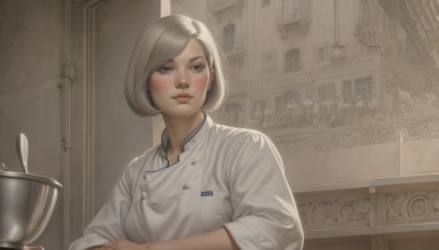 1girl,solo,blush,short hair,bangs,blue eyes,shirt,holding,closed mouth,white shirt,upper body,white hair,grey hair,solo focus,indoors,apron,lips,looking to the side,grey eyes,window,buttons,swept bangs,looking away,building,realistic,nose,door,chef,looking at viewer,blonde hair,parted lips,bowl