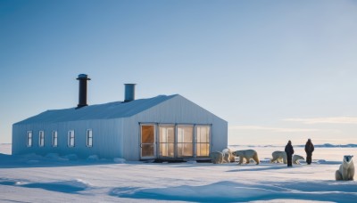 outdoors,lying,sky,day,cloud,blue sky,pokemon (creature),no humans,window,shadow,building,scenery,snow,dog,mountain,door,house,winter,footprints,bird,ocean,animal,horizon