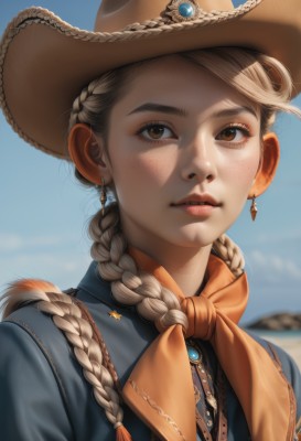 1girl,solo,long hair,looking at viewer,blonde hair,brown hair,shirt,hat,brown eyes,jewelry,closed mouth,upper body,braid,earrings,outdoors,sky,day,blurry,twin braids,blue sky,lips,blurry background,portrait,freckles,realistic,nose,brown headwear,fringe trim,cowboy hat,cowboy western,bangs,parted lips,neckerchief,eyelashes,depth of field,thick eyebrows,brooch,hair over shoulder,orange neckerchief