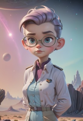 1girl,solo,breasts,looking at viewer,short hair,blue eyes,shirt,long sleeves,closed mouth,standing,jacket,upper body,purple hair,outdoors,open clothes,sky,glasses,belt,artist name,signature,uniform,lips,buttons,arms behind back,white jacket,star (sky),forehead,starry sky,black-framed eyewear,rock,mountain,round eyewear,planet,blush,medium breasts,military,military uniform,thick eyebrows