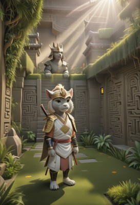 looking at viewer,1boy,animal ears,closed mouth,standing,full body,weapon,male focus,outdoors,barefoot,day,sword,artist name,armor,black eyes,tree,sunlight,helmet,grass,plant,shoulder armor,building,sheath,scenery,furry,pauldrons,sheathed,light rays,stairs,japanese armor,furry male,architecture,sunbeam,white fur,east asian architecture,weapon on back,full armor,statue,samurai,helm,kabuto (helmet),sash,no humans,mask,shadow,katana,arms at sides,bracer