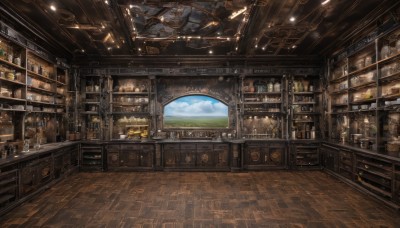 sky,day,cloud,indoors,cup,no humans,window,table,sunlight,bottle,scenery,alcohol,drinking glass,wooden floor,stairs,bookshelf,stool,shelf,shop,ceiling,bar (place),ceiling light,blue sky,plant,jar,counter,cabinet