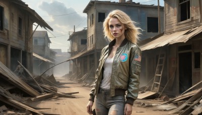 HQ,1girl,solo,long hair,breasts,looking at viewer,blue eyes,blonde hair,shirt,long sleeves,cleavage,medium breasts,closed mouth,standing,collarbone,jacket,white shirt,cowboy shot,outdoors,open clothes,sky,day,belt,pants,artist name,cloud,open jacket,lips,torn clothes,military,cloudy sky,denim,wind,building,brown jacket,jeans,green jacket,city,realistic,nose,arms at sides,emblem,flag,ruins,badge,torn pants,american flag,bomber jacket,dust,torn jeans,small breasts,parted lips,window,makeup,facial mark,lipstick,scenery,unzipped,red lips,facepaint,leather,dirty,leather jacket,dirty face,patch,denim jacket