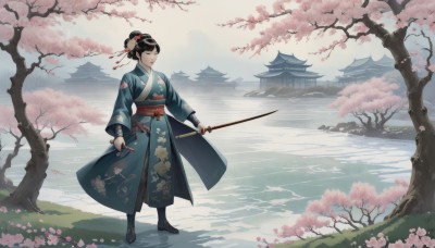 1girl,solo,short hair,black hair,hair ornament,long sleeves,holding,closed mouth,standing,full body,closed eyes,weapon,flower,boots,outdoors,japanese clothes,day,sword,hair flower,wide sleeves,kimono,water,hair bun,black footwear,holding weapon,tree,sash,petals,holding sword,obi,floral print,single hair bun,katana,cherry blossoms,building,sheath,scenery,pink flower,dual wielding,blue kimono,hair stick,architecture,bridge,east asian architecture,river,lake,pond,pagoda,grass,red lips,updo