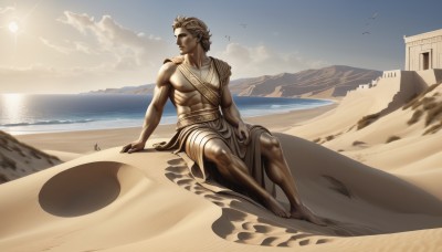 solo,brown hair,1boy,sitting,full body,male focus,outdoors,sky,barefoot,day,cloud,dark skin,looking to the side,muscular,bird,ocean,beach,abs,dark-skinned male,pectorals,muscular male,scenery,mountain,sand,sun,desert,greek clothes,short hair,blonde hair,water,parody,realistic,manly,statue,fine art parody,laurel crown