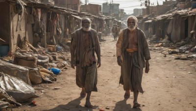 standing,weapon,white hair,male focus,outdoors,japanese clothes,multiple boys,barefoot,2boys,blood,facial hair,bandages,building,motor vehicle,beard,walking,realistic,mustache,bald,old,dirty,old man,rubble,dirty feet,1boy,kimono,bag,torn clothes,mask,sandals,child,scenery,road,power lines,street,utility pole,alley,brown kimono,trash bag