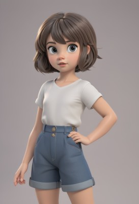 1girl,solo,breasts,looking at viewer,short hair,bangs,simple background,brown hair,shirt,brown eyes,standing,collarbone,white shirt,short sleeves,cowboy shot,small breasts,parted lips,shorts,teeth,grey background,black eyes,lips,hand on hip,short shorts,denim,t-shirt,child,arm at side,blue shorts,denim shorts,female child,shirt tucked in,high-waist shorts