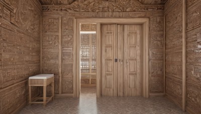 indoors,no humans,window,chair,table,sunlight,scenery,door,bookshelf,architecture,carpet,wooden floor,fantasy,tiles,tile floor,floor,cabinet,reflective floor,wooden chair