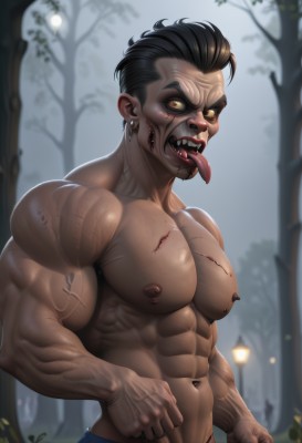 solo,looking at viewer,short hair,open mouth,black hair,1boy,navel,jewelry,nipples,yellow eyes,male focus,earrings,outdoors,teeth,tongue,pants,artist name,tongue out,blurry,tree,blood,muscular,night,blurry background,fangs,scar,piercing,abs,thick eyebrows,pectorals,sharp teeth,muscular male,bara,forest,colored sclera,large pectorals,veins,topless male,injury,blood on face,manly,lamppost,biceps,thick arms,veiny arms,brown eyes,underwear,upper body,night sky,vampire,male underwear,undercut,horror (theme)