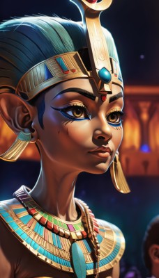 1girl,short hair,black hair,brown eyes,jewelry,closed mouth,blue hair,upper body,earrings,solo focus,pointy ears,dark skin,necklace,mole,blurry,dark-skinned female,lips,eyelashes,mole under eye,makeup,blurry background,facial mark,gem,portrait,eyeshadow,nose,eyeliner,egyptian clothes,solo,yellow eyes,artist name,official alternate costume,headdress,forehead jewel,egyptian