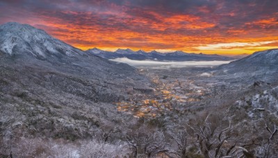 outdoors,sky,cloud,tree,no humans,cloudy sky,building,nature,scenery,snow,forest,sunset,mountain,horizon,bare tree,river,landscape,mountainous horizon,orange sky,red sky,signature,winter