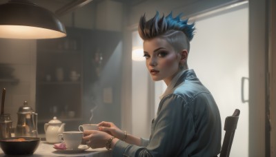 1girl,solo,looking at viewer,short hair,shirt,black hair,long sleeves,holding,brown eyes,jewelry,sitting,closed mouth,blue hair,jacket,upper body,multicolored hair,earrings,food,indoors,dark skin,blurry,bracelet,from side,two-tone hair,cup,lips,streaked hair,fingernails,eyelashes,makeup,blurry background,chair,table,ring,steam,holding cup,plate,teacup,bowl,mug,realistic,spoon,nose,teapot,very short hair,undercut,saucer,coffee,kitchen,mohawk,denim jacket,blue eyes,parted lips,nail polish,window,piercing,lipstick,ear piercing,watch,lamp