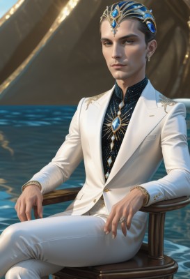 solo,looking at viewer,short hair,blue eyes,shirt,black hair,long sleeves,1boy,jewelry,sitting,jacket,male focus,earrings,parted lips,collared shirt,pants,dark skin,water,blurry,black eyes,lips,buttons,blurry background,feet out of frame,chair,formal,dark-skinned male,ring,white jacket,crossed legs,suit,blue shirt,gem,realistic,white pants,throne,blue gemstone,white suit,hair ornament,closed mouth,necktie,indoors,bracelet,black shirt,nose,very short hair