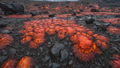 no humans, fire, scenery, rock, debris, destruction, rubble, molten rock