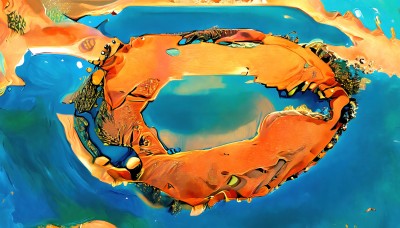 HQ,solo,outdoors,sky,water,no humans,bird,ocean,animal,from above,fire,scenery,fish,underwater,fantasy,dragon,orange theme,from side,robot,mecha,science fiction,bubble