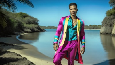 HQ,solo,looking at viewer,shirt,black hair,long sleeves,1boy,jewelry,standing,jacket,male focus,outdoors,open clothes,sky,day,collared shirt,pants,dark skin,water,necklace,black eyes,tree,blue sky,lips,ocean,beach,formal,dark-skinned male,suit,blue shirt,multicolored clothes,rock,realistic,palm tree,arms at sides,lake,purple pants,pink pants,brown hair,coat,parody,sand