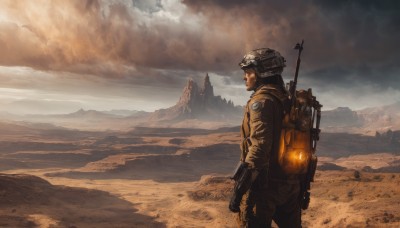 solo,gloves,1boy,standing,weapon,male focus,outdoors,sky,cloud,bag,from behind,uniform,gun,military,military uniform,facial hair,backpack,helmet,cloudy sky,goggles,scenery,rifle,smoke,science fiction,mountain,realistic,assault rifle,soldier,jacket,pants,sand,weapon on back,desert