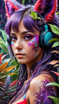 1girl,solo,long hair,breasts,looking at viewer,bangs,animal ears,jewelry,closed mouth,purple eyes,upper body,purple hair,choker,artist name,cat ears,necklace,blurry,from side,lips,animal ear fluff,fox ears,eyelashes,tattoo,makeup,headphones,leaf,facial mark,feathers,plant,lipstick,portrait,eyeshadow,freckles,pink lips,nose,eyeliner,mascara,hair ornament,bare shoulders,hairclip,facepaint