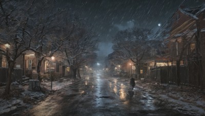 outdoors,sky,cloud,water,tree,no humans,window,night,moon,cloudy sky,ground vehicle,building,night sky,scenery,snow,full moon,reflection,rain,lantern,snowing,road,house,winter,lamppost,bare tree,street,puddle,dark,town