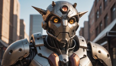 solo,looking at viewer,1boy,upper body,male focus,outdoors,horns,day,blurry,orange eyes,no humans,blurry background,robot,building,portrait,mecha,science fiction,city,straight-on,looking ahead,humanoid robot,yellow eyes,sky,blue sky,single horn,close-up,robot joints