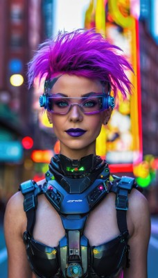 1girl,solo,breasts,looking at viewer,smile,short hair,blue eyes,jewelry,green eyes,upper body,pink hair,purple hair,multicolored hair,earrings,glasses,sleeveless,armor,blurry,lips,makeup,blurry background,watermark,piercing,sunglasses,lipstick,eyeshadow,science fiction,nose,eyeliner,very short hair,undercut,tinted eyewear,cyborg,purple lips,mascara,blue lips,cyberpunk,medium breasts,artist name,depth of field,goggles,freckles,realistic,neon lights