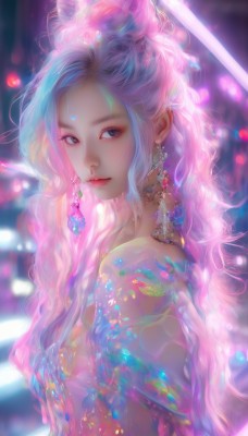 1girl,solo,long hair,breasts,looking at viewer,blue eyes,hair ornament,jewelry,closed mouth,upper body,pink hair,multicolored hair,earrings,hair bun,blurry,from side,lips,see-through,looking to the side,grey eyes,makeup,blurry background,wavy hair,facial mark,gem,crystal,bare shoulders,blue hair,purple hair,artist name,eyelashes,gradient hair,depth of field,forehead mark,realistic,nose,bokeh