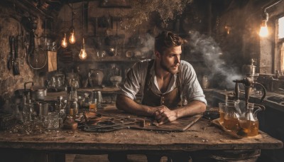 solo,short hair,brown hair,shirt,black hair,1boy,white shirt,male focus,collared shirt,indoors,vest,cup,looking to the side,window,facial hair,table,bottle,beard,alcohol,sleeves rolled up,drinking glass,smoke,cigarette,smoking,light,lamp,candle,shelf,bar (place),counter,wooden table,brown eyes,apron,realistic,light bulb