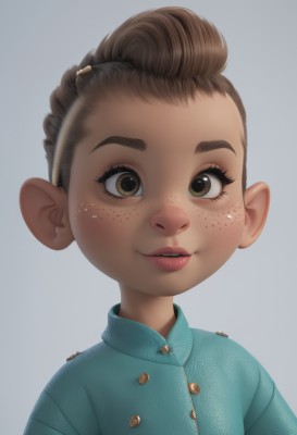 1girl,solo,looking at viewer,smile,short hair,simple background,brown hair,shirt,hair ornament,white background,brown eyes,upper body,parted lips,teeth,lips,buttons,blue shirt,child,portrait,freckles,female child,1boy,male focus,artist name,dark skin,eyelashes,realistic