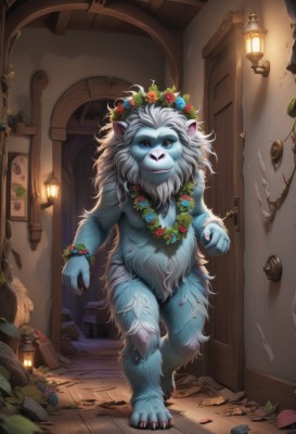 solo,looking at viewer,smile,blue eyes,red eyes,jewelry,standing,full body,flower,indoors,necklace,bracelet,pokemon (creature),no humans,leaf,watermark,plant,furry,walking,lantern,door,lamp,head wreath,flower wreath,animal ears,white hair,teeth,artist name,nail polish,fangs,web address,rock,furry male,wreath