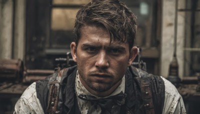 solo,looking at viewer,short hair,brown hair,shirt,black hair,1boy,bow,jewelry,closed mouth,white shirt,upper body,weapon,male focus,earrings,collared shirt,indoors,dark skin,bowtie,blurry,black eyes,vest,gun,black bow,blurry background,facial hair,dark-skinned male,thick eyebrows,portrait,beard,black bowtie,realistic,stubble,dirty,brown eyes,black vest,mature male,holster,undercut,photo background,holstered weapon